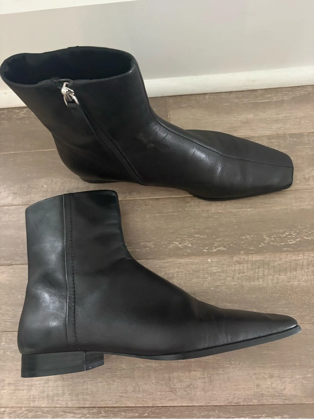 Mango Black Leather Square Toe Ankle Boots Side Zip EU 38 US 7.5/8